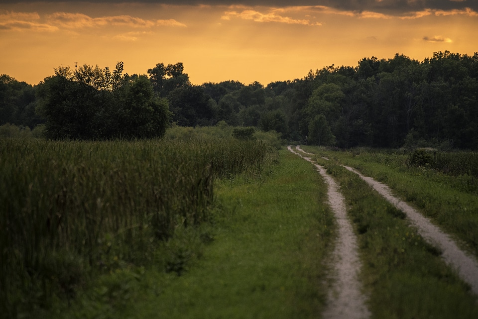 Hiking path into the red sunset at Horicon Marsh