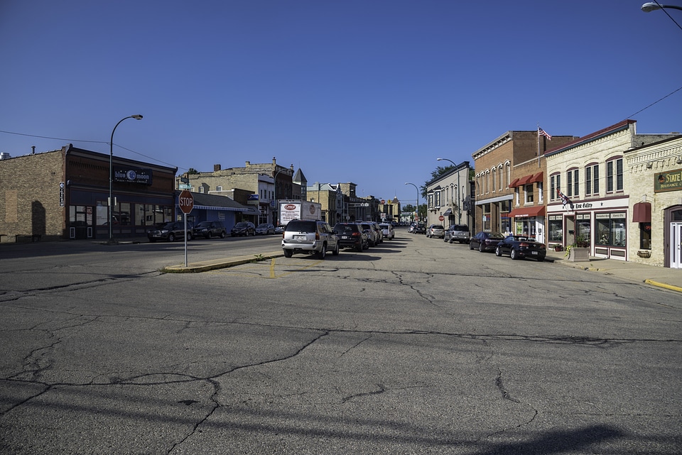 Rows of Cars and Stores on Main Street in Lake Mills