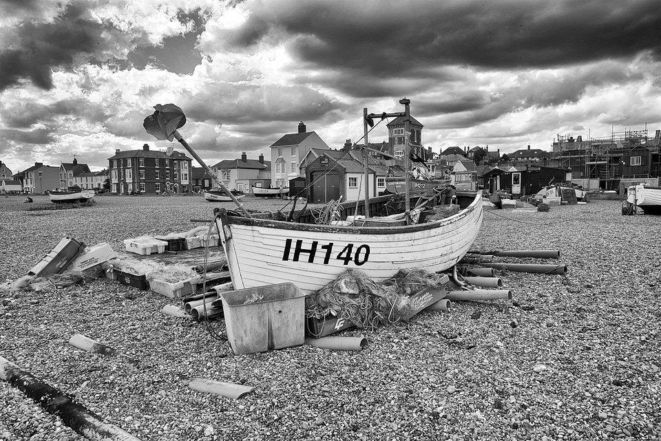 Fishing Boat on Beach black and white