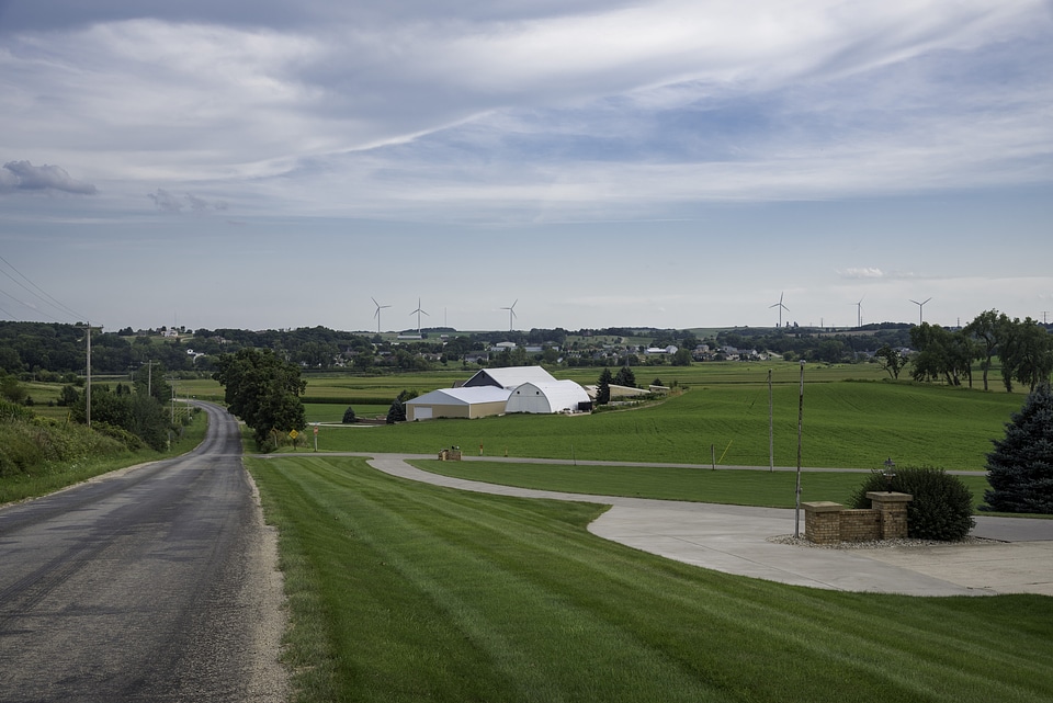 View of the country road and small town in Wisconsin