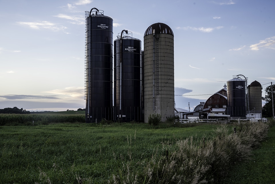 Farm and Silos at dusk
