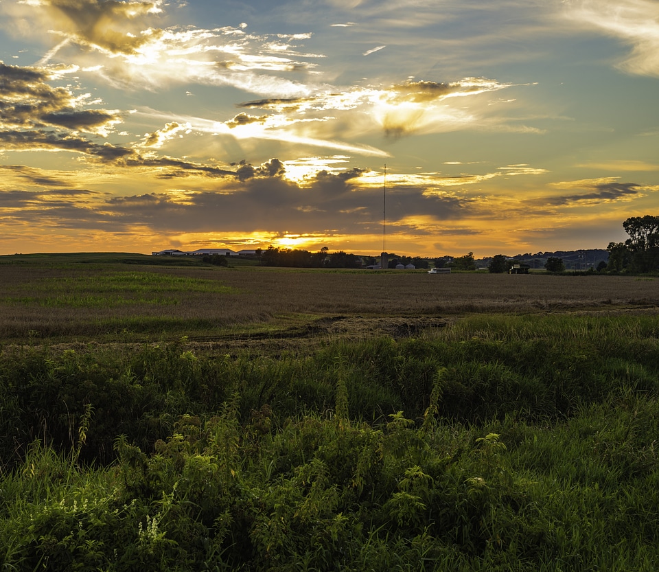 Sunset Across the Farm with clouds