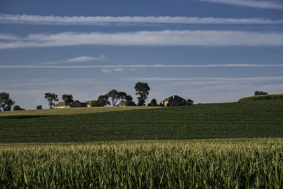 Streaks of clouds over the houses and farm