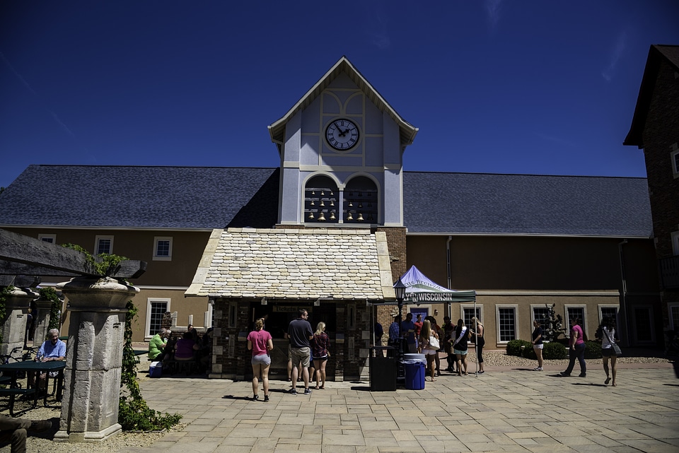 Gift Shop, Stand, and Clock Tower at New Glarus Brewery