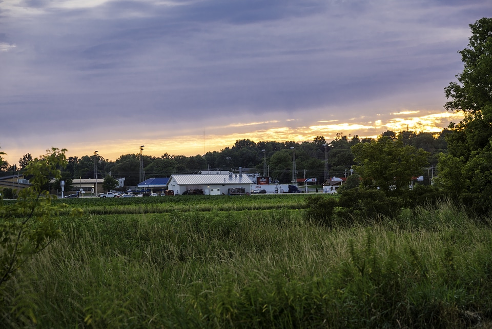 Buildings under the dusk sky in New Glarus