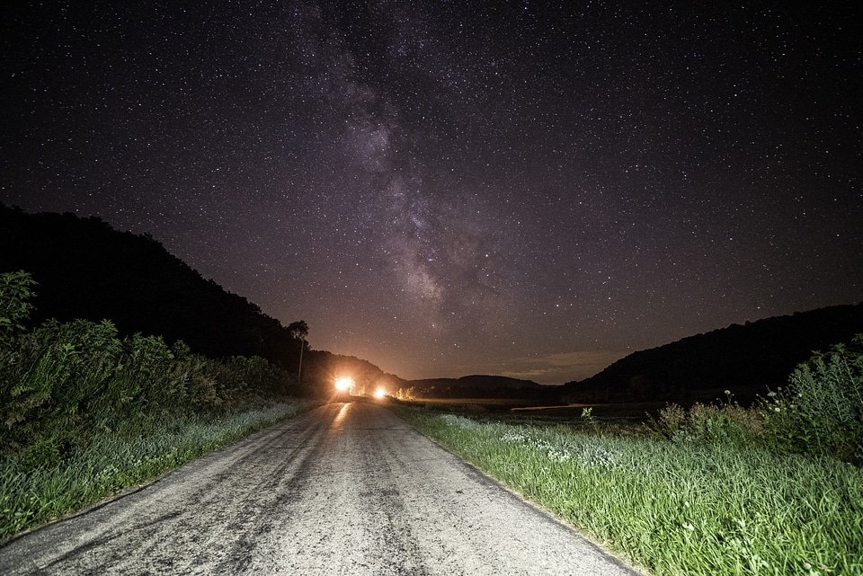 Galaxy above the street and house at Hogback Prairie