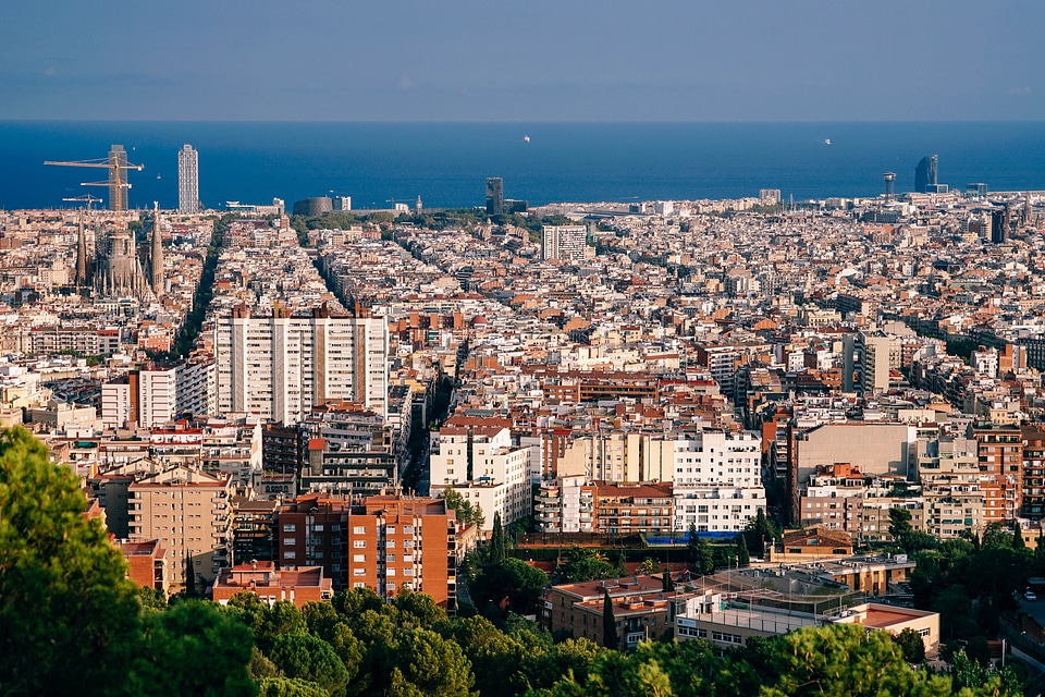 Cityscape view with ocean and buildings in Barcelona