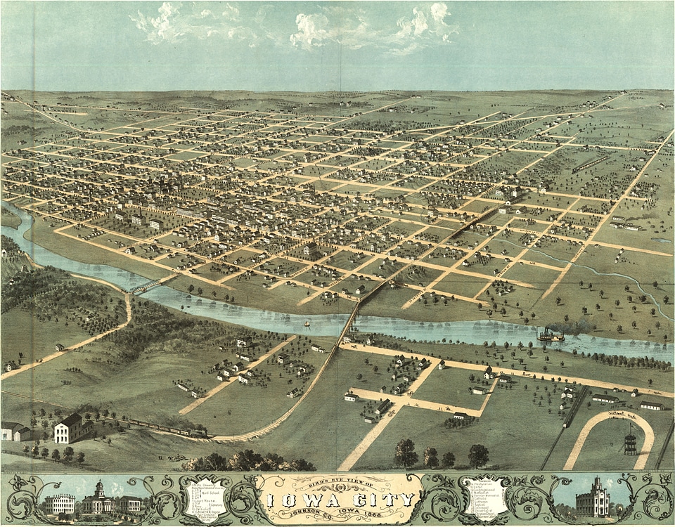 Bird's Eye City View in 1868 in Iowa City