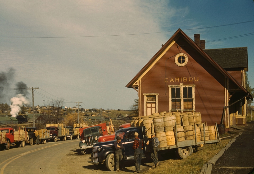 Trucks outside a starch factory in October, 1940 in Caribou, Maine