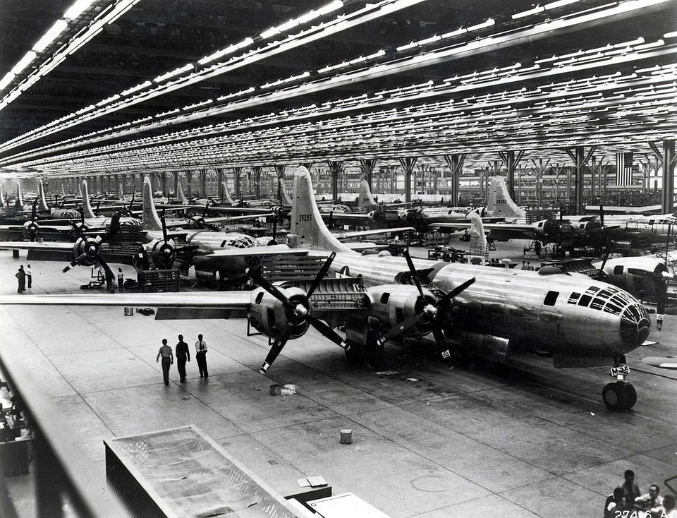 Boeing B-29 assembly line during 1944 in Wichita, Kansas
