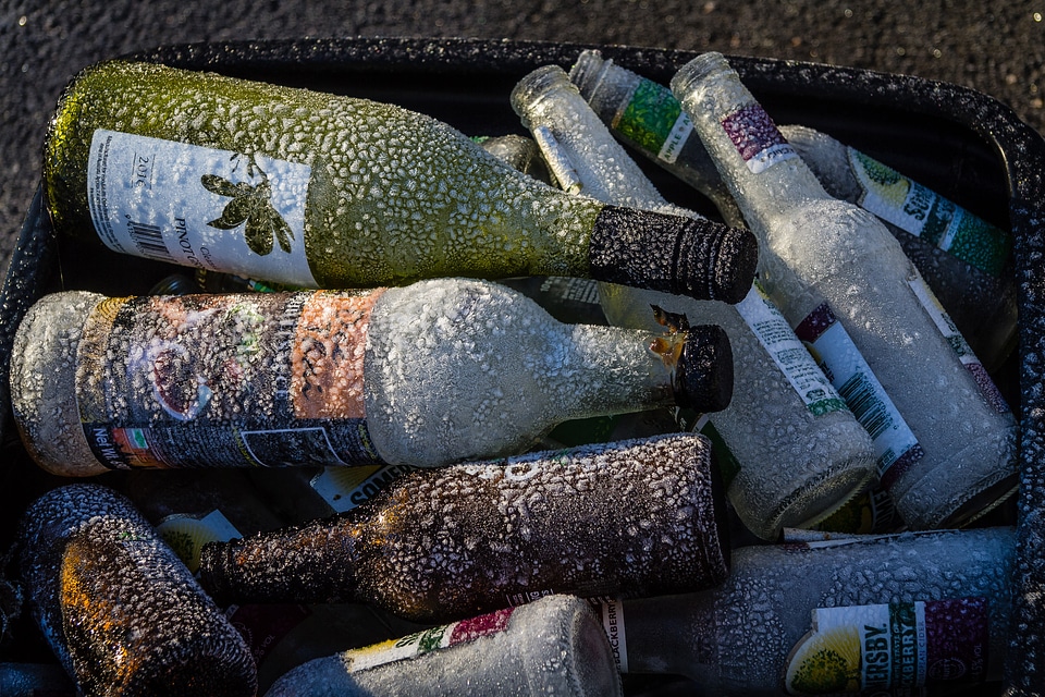 Ice crystals on glass bottles
