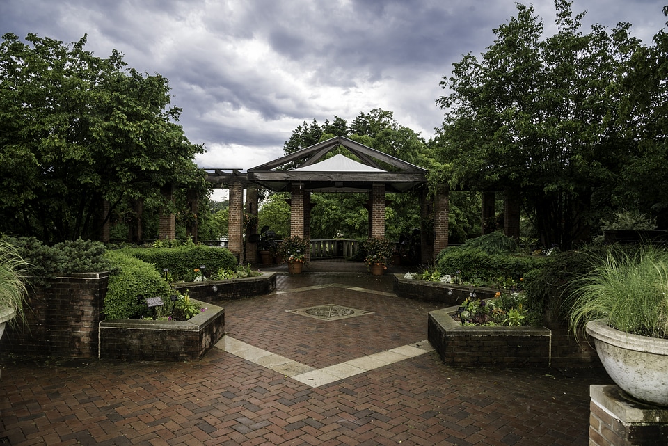 Gazebo in the Chicago Botanical Gardens under stormy Skies