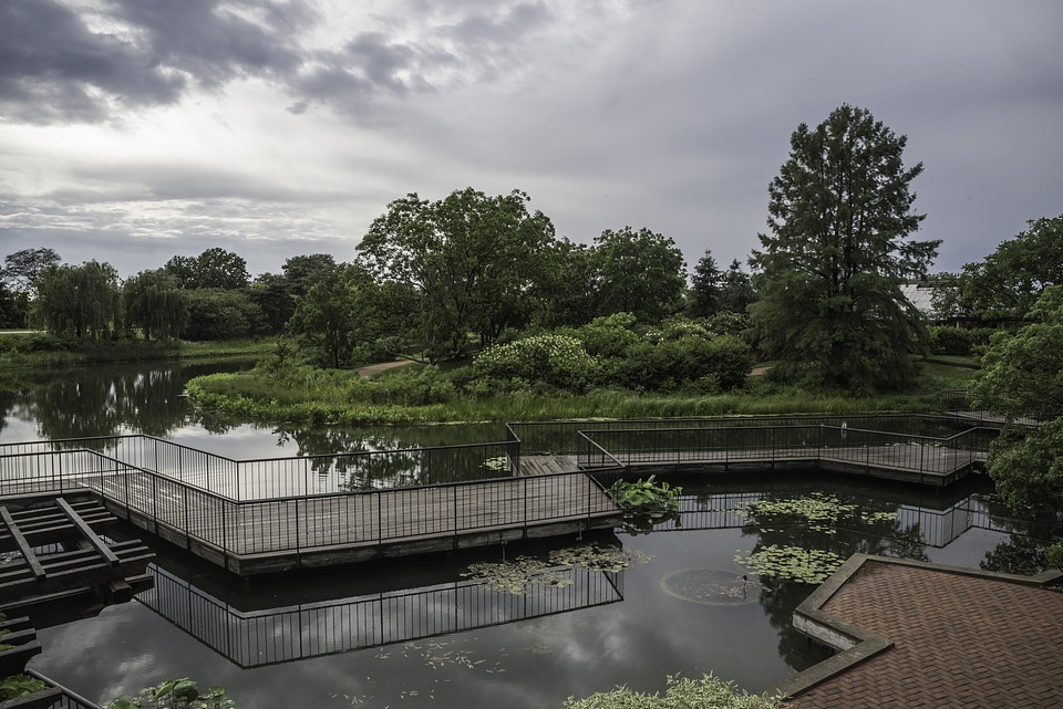 Walkway in the middle of the pond in Chicago Botanical Gardens