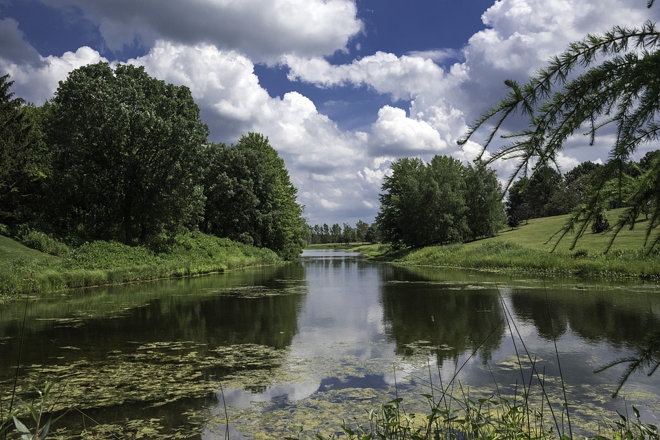 Landscape under clouds and skies in Chicago Botanical Gardens