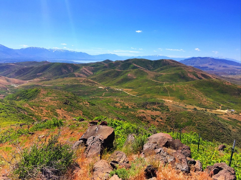 Hills landscape with large rocks in the foreground