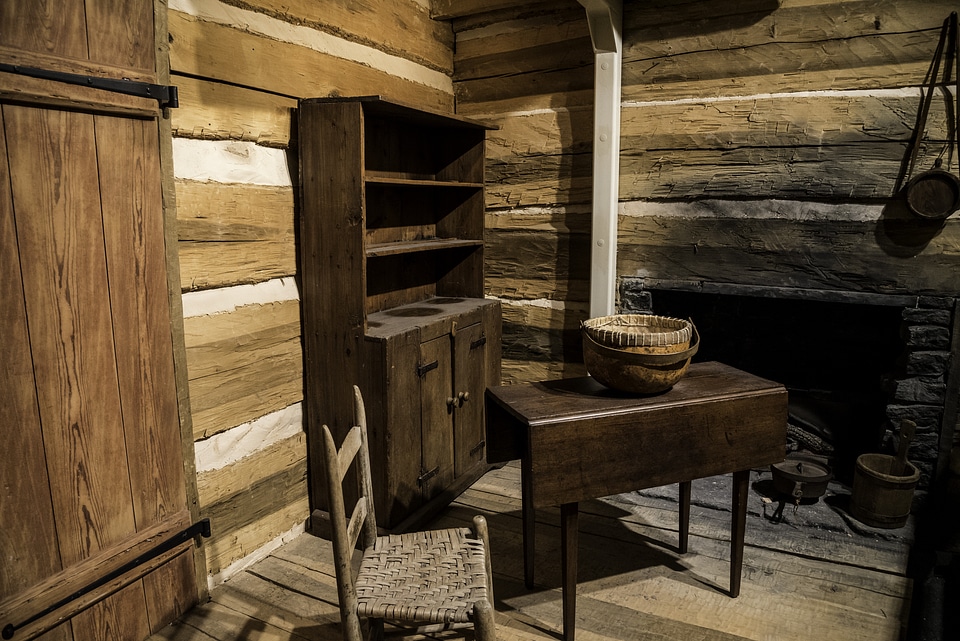 Shelves and furniture in frontier house in Tennessee Musuem
