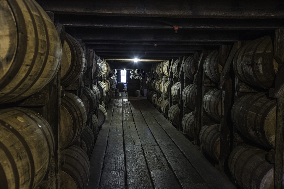Barrels of whiskey in the cellar at Buffalo Trace Distillery, Kentucky