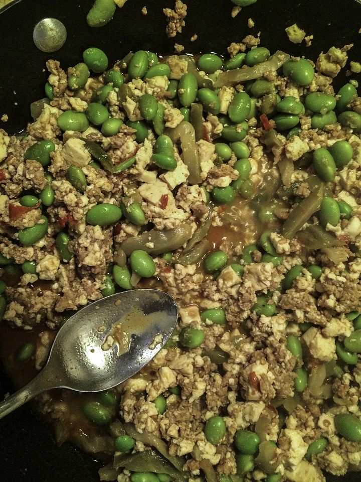 Beans, tofu, and pork being stir fried
