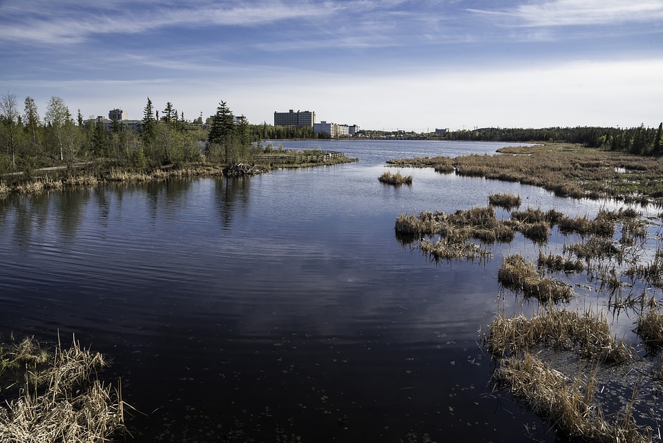 Buildings and landscape across Niven Lake in Yellowknife