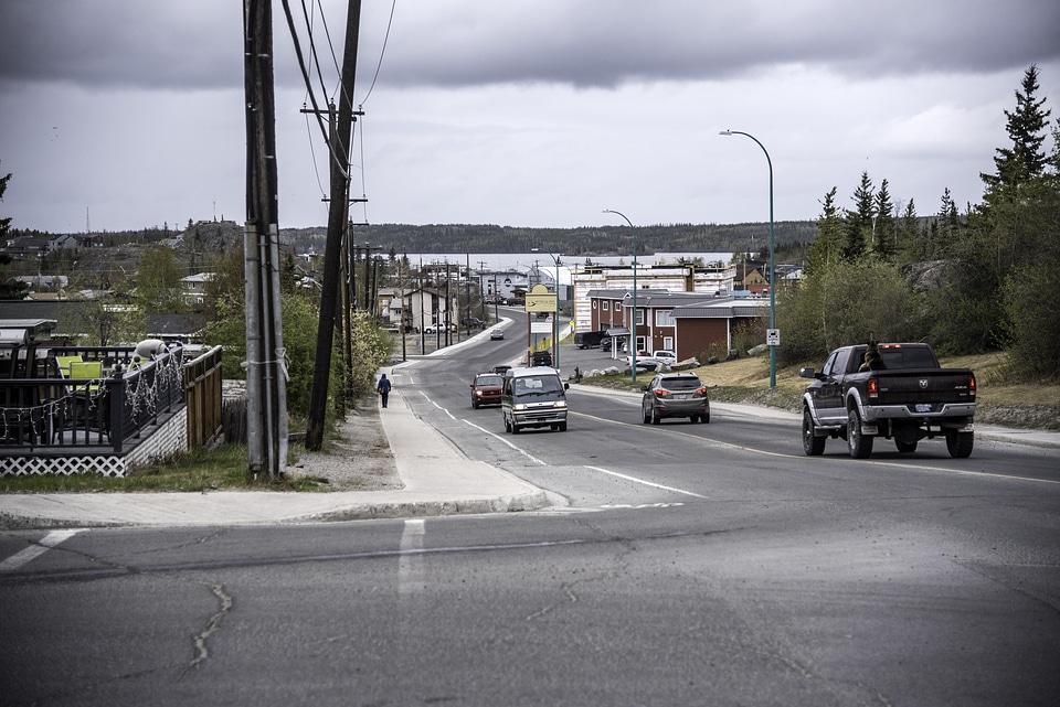 Road into Old town with traffic in Yellowknife