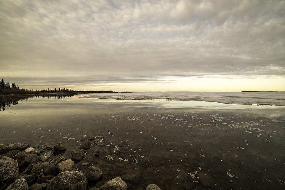 Dusk landscape on Great Slave Lake under clouds