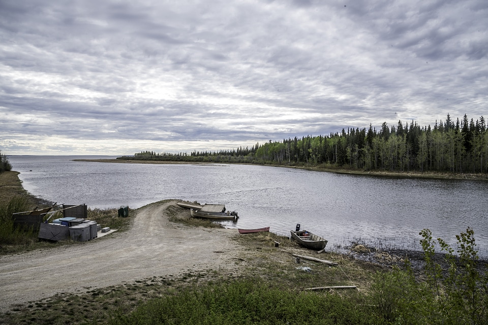Landscape, river, and boat Launch at Kakisa