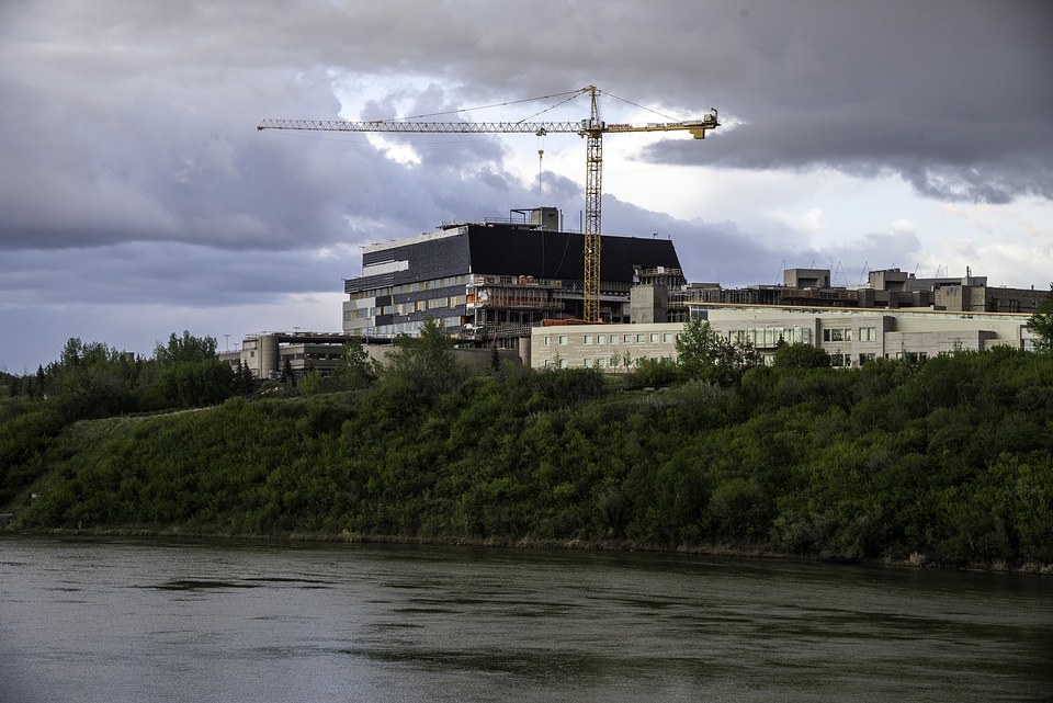 Construction from across the river in Saskatoon, Saskachewan