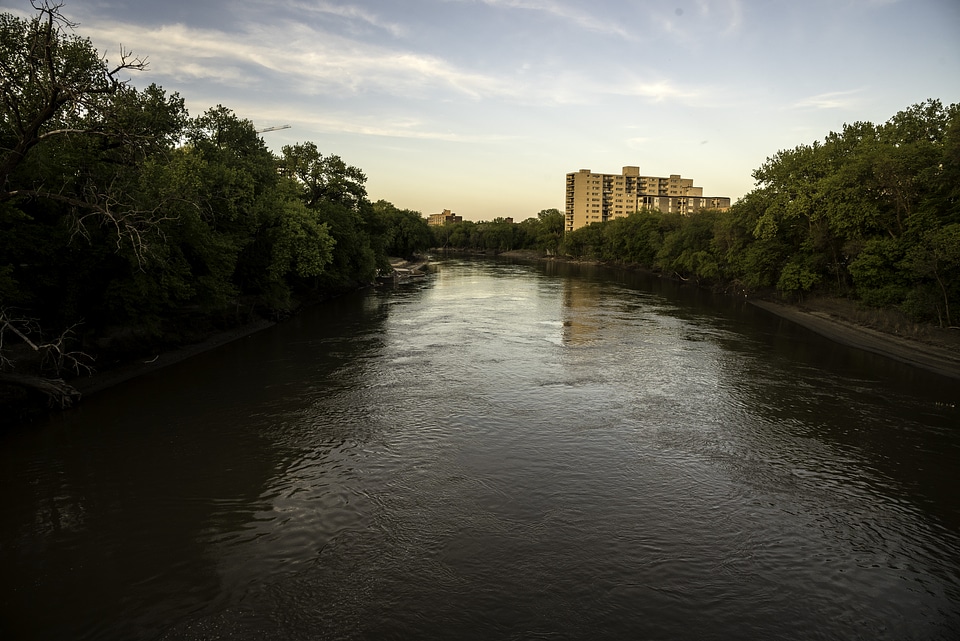 River around sunset on the bridge in Winnipeg