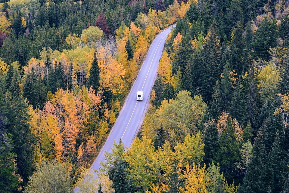 Vehicle going through autumn falls on the road in Jasper National Park, Alberta, Canada photo