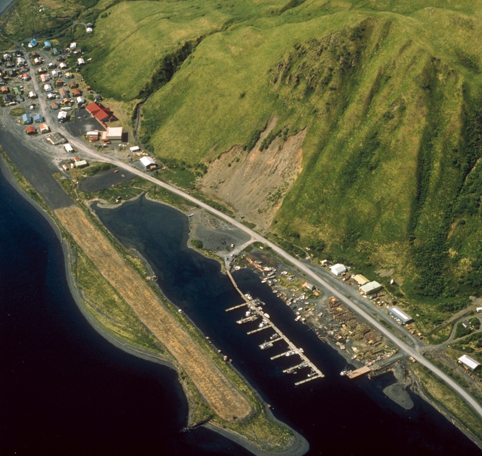 Aerial view of Old Harbor landscape in Alaska