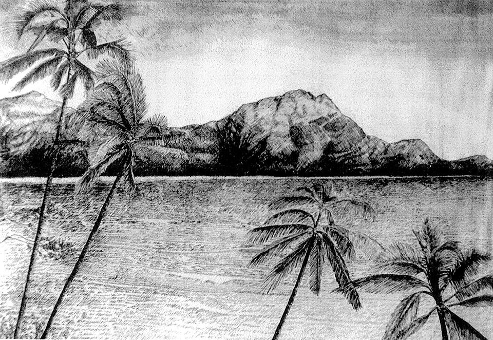 Tropical Scene with Palm trees and hills