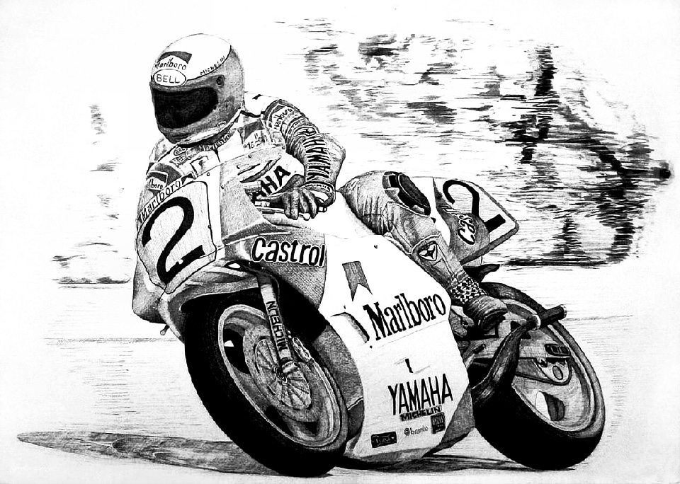 Race motorcyclist in black and white Ron Haslam