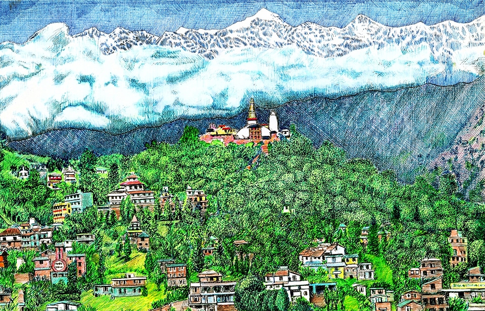 Artist Drawing of the Peaks of Katmandu Peaks