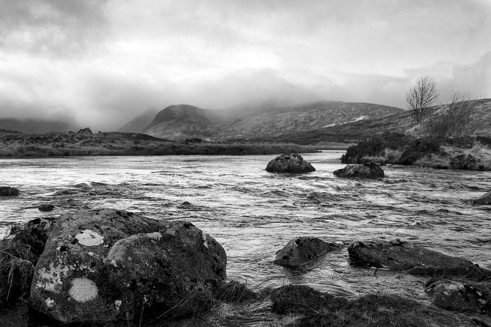 A pool of water in Scotland in black and white