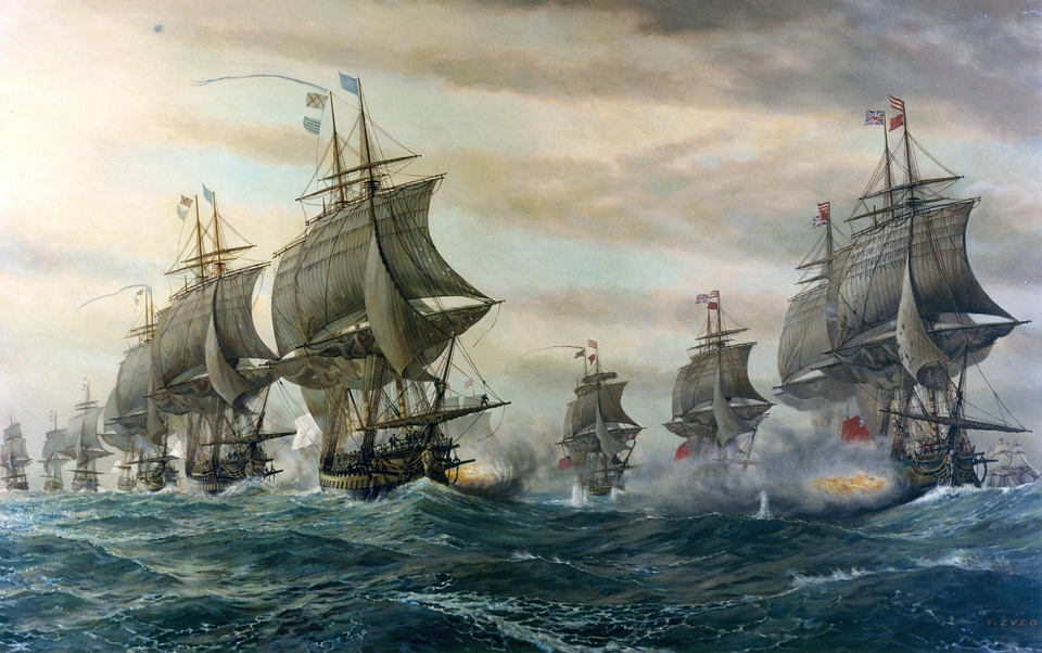 Naval Battle between French and British at Chesapeake Bay. American Revolution