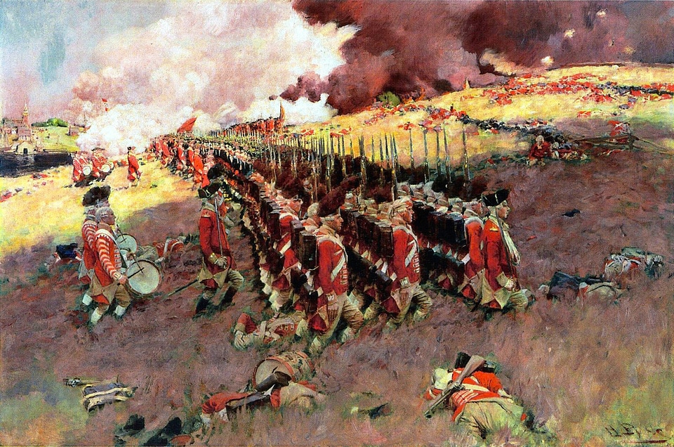 Painting of British Troops marching up the hill at the Battle of Bunker Hill
