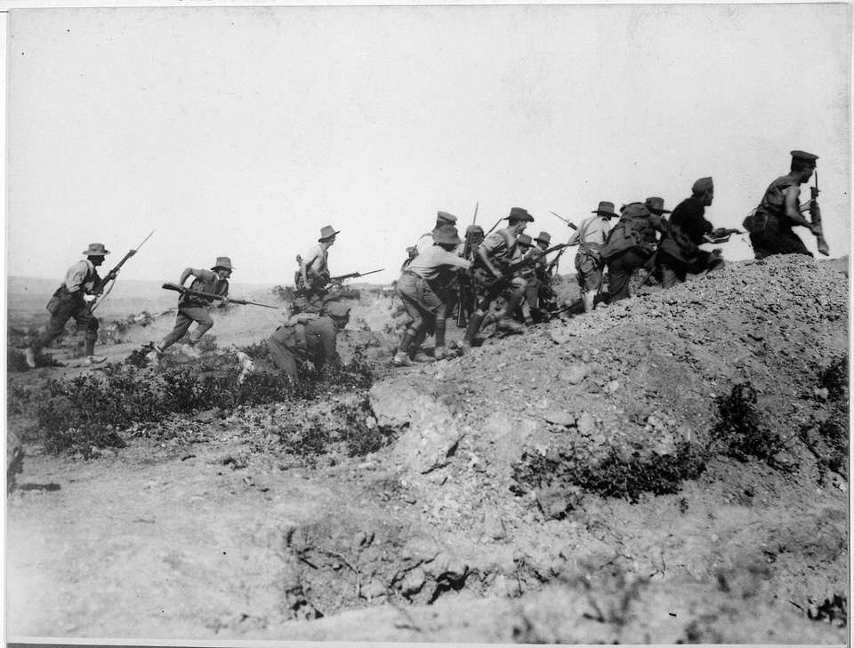 Australian Troops charging a trench at the battle of Gallipoli 