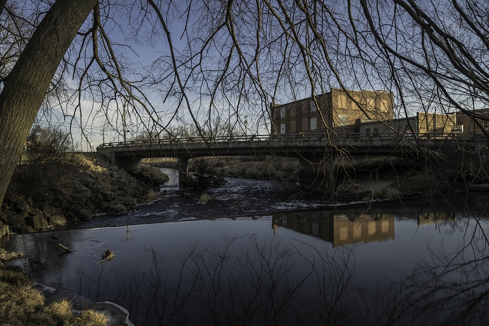 River, falls, and reflection on the water in Blanchardville, Wisconsin