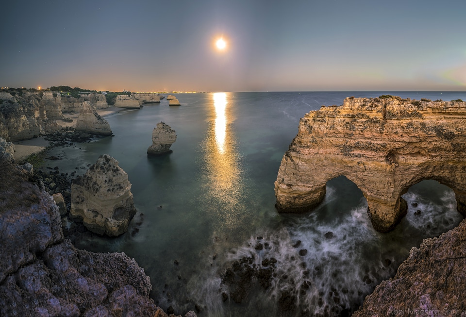 Sunset on the rocky cliffs and shoreline in Portugal