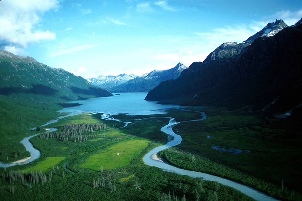 Aerial View of Crescent lake at Lake Clark National Park, Alaska