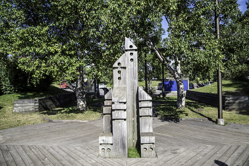 Wooden Sculpture of skyscrapers in Thunder Bay, Ontario