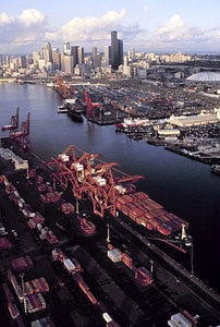 Skyline with Harbor Island in Foreground in Seattle, Washington photo