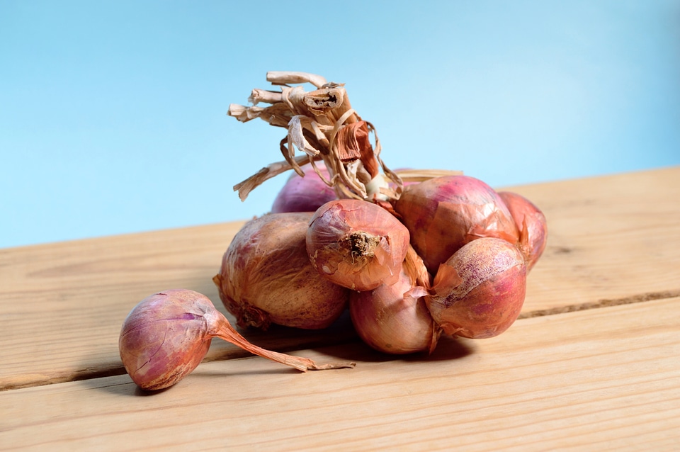 Purple Onions on wooden table