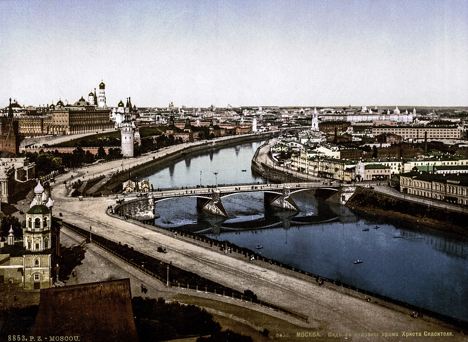 Moskva riverside in the 19th century in Moscow, Russia