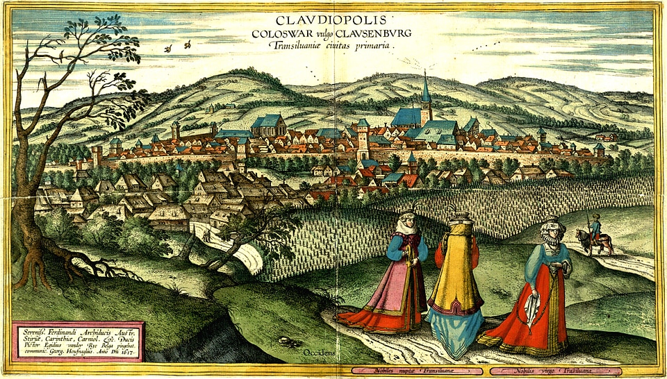 Drawing of Cluj in 1617 in Romania