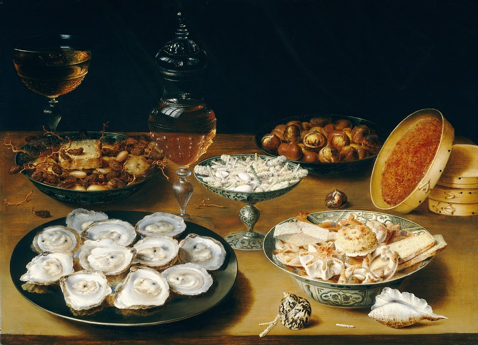 Delicious Food with Oysters, Fruit, and wine in Antwerp, Belgium