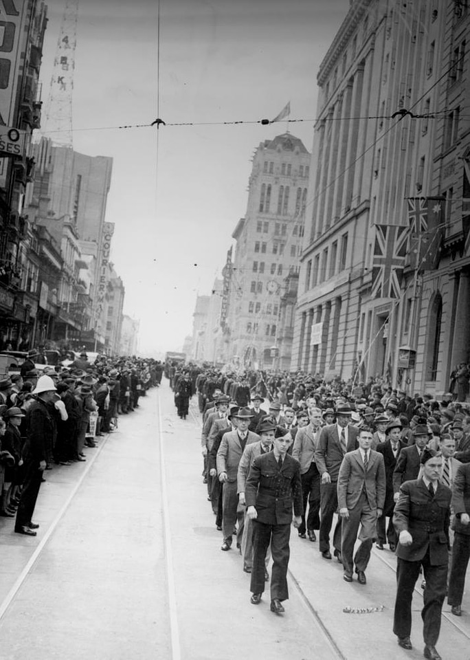 Royal Australian Airforce recruits in 1940 marching in Brisbane, Queensland, Australia