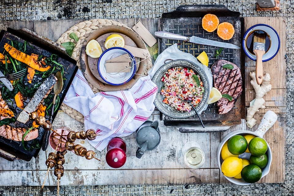 Great meal of meat and fruits