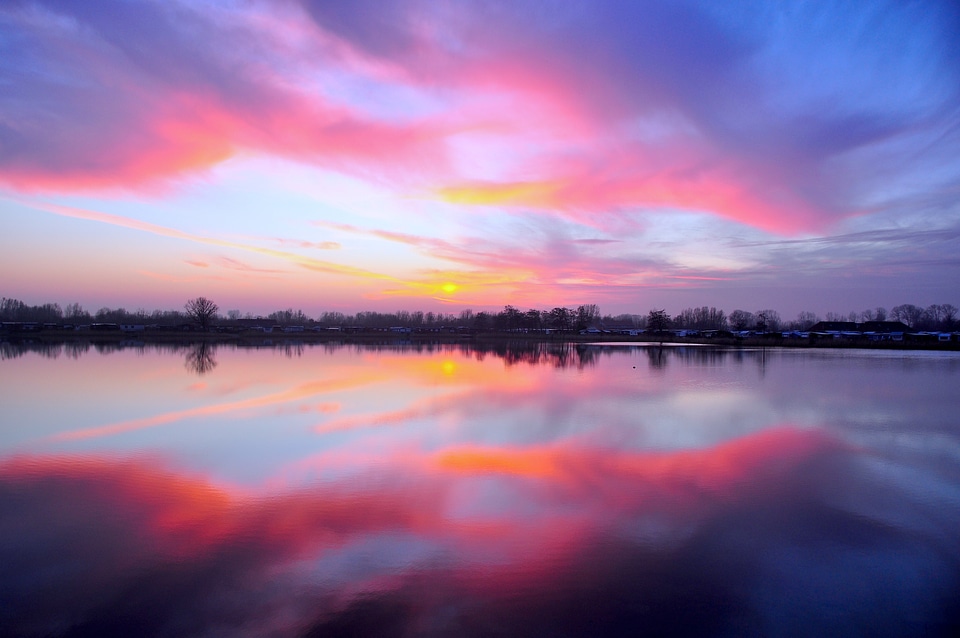 Sunset over the lake landscape in Cuxhaven, Germany