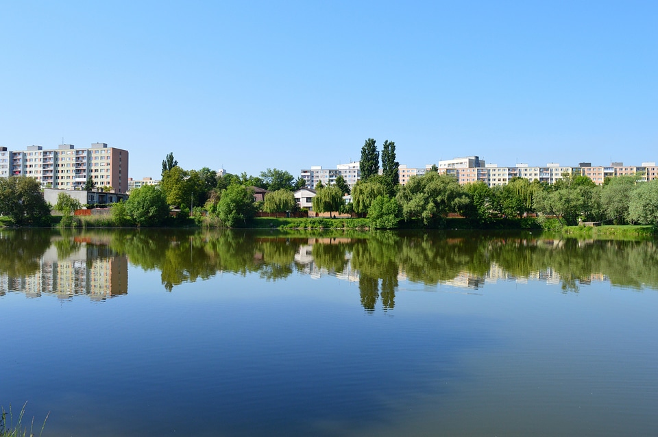 Town skyline and lake landscape in Slovakia